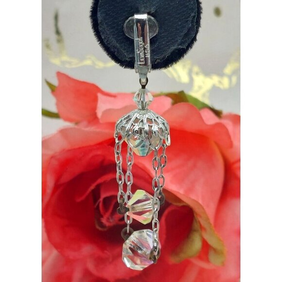 Vintage Lewis Segal AB Crystal Dangle Drop Clip On Earrings Silver Tone Formal - Picture 9 of 11